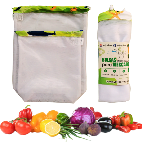 Bolsas para Mercar Frutas y Verduras/Malla Poliéster Premium x4 Bolsas