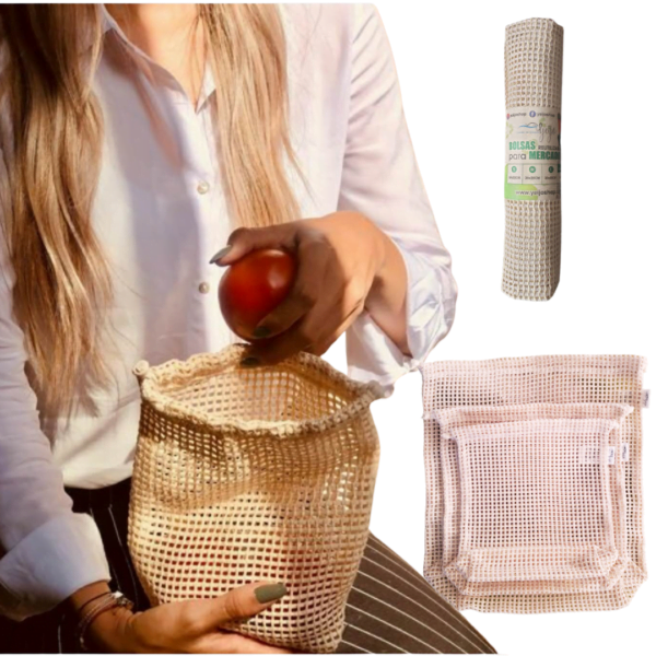 Bolsas para Mercar Frutas y Verduras/Malla Algodón x3 Bolsas - Image 6